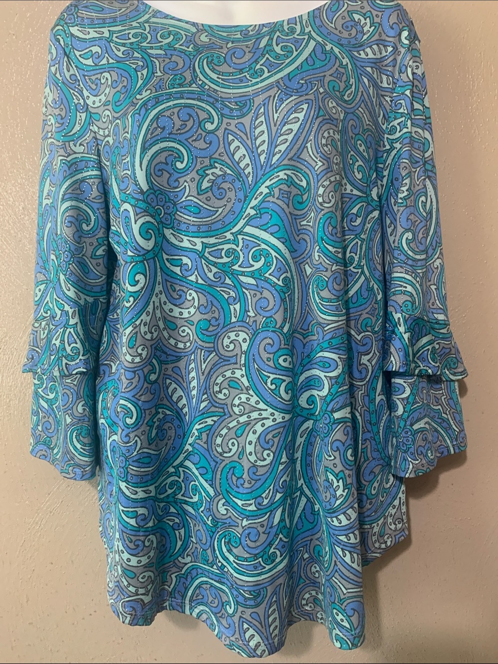 Ruby Rd. Size S Blue & Teal Paisley Ruffle-Sleeve Tunic Metallic Stripes